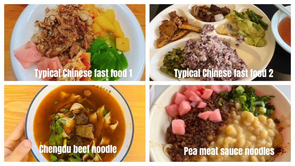 Four typical Chinese worker meals, including fast food sets and beef noodles — daily food cost in China example