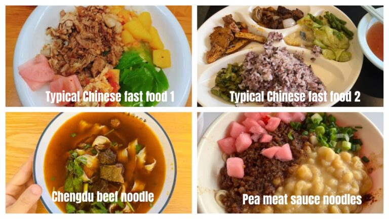 Four typical Chinese worker meals, including fast food sets and beef noodles — daily food cost in China example